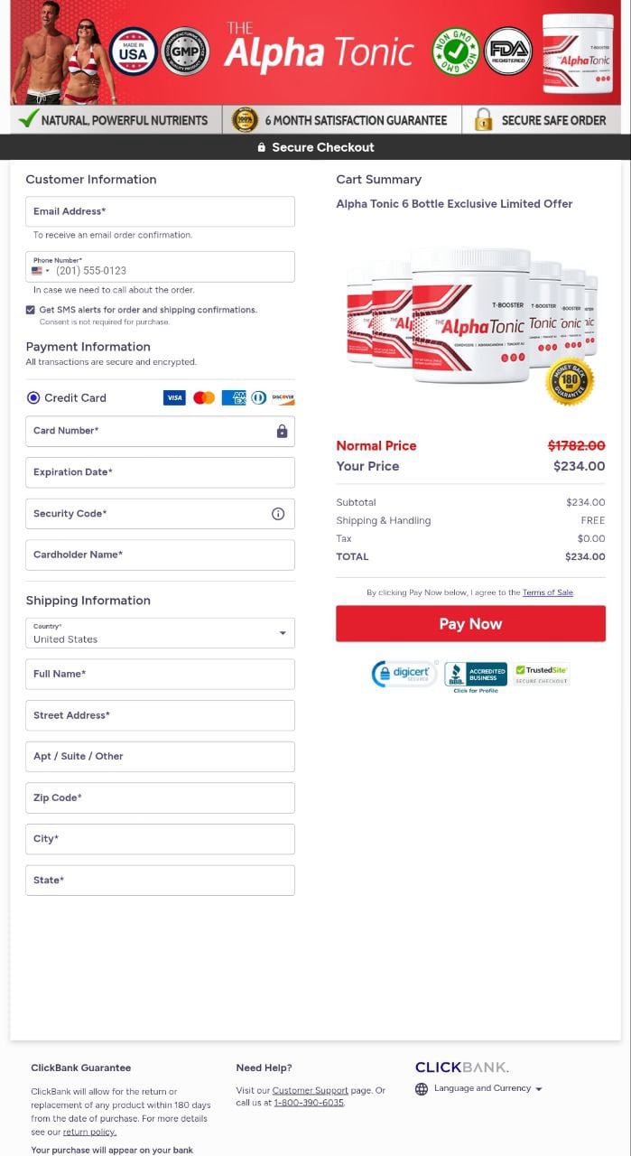 Screenshot of a secure checkout page, demonstrating the safe purchase process for Alpha Tonic supplements