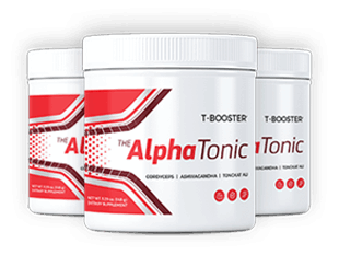 Three Alpha Tonic supplement bottles, showcasing the natural male vitality and testosterone boosting formula